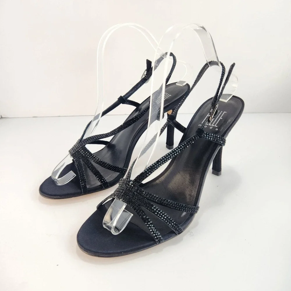 Pelle Moda Women's 8.5 Black Rhinestone Strappy Slingback‎ Heels Evening Party